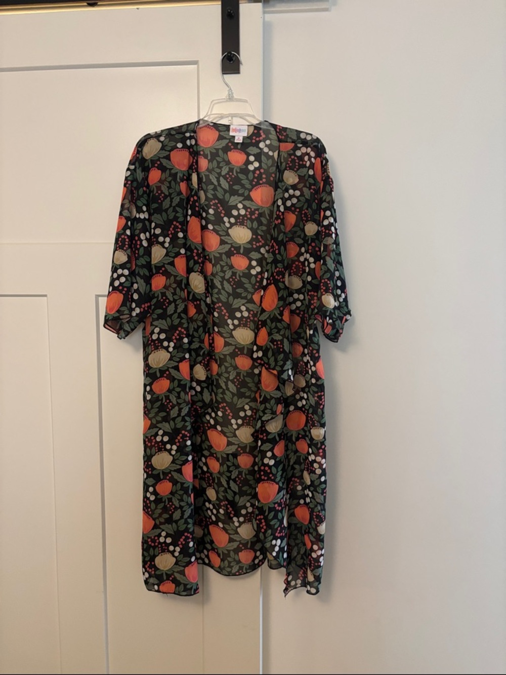 LuLaRoe Black Sheer Floral Kimono with Orange and Olive Accents